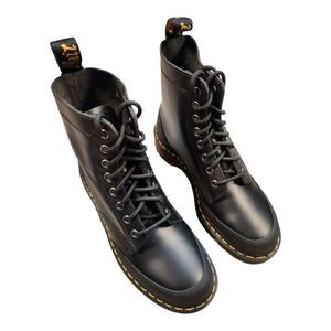 Dr. Martens Black Leather Combat Boots with Yellow Stitching